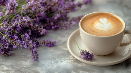 A steaming cup of coffee rests on a colorful surface, adorned with fresh lavender sprigs, evoking a relaxing and aromatic ambiance in the morning light.の素材