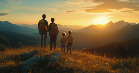 A family stands on a grassy hilltop admiring a vibrant sunset over distant mountains. The warm colors fill the sky, creating a serene atmosphere during their outdoor adventure.の素材