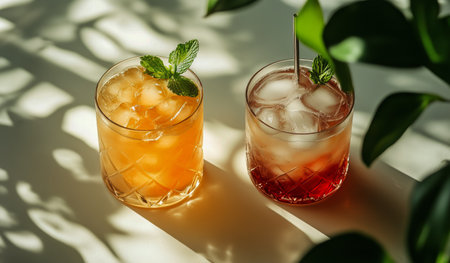 Two beautifully crafted cocktails sit side by side, one with mint and the other garnished with a unique topping, ideal for enjoying during a sunny outing.の素材