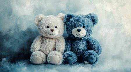 Two adorable teddy bears, one white and one blue, are placed closely together against a soft, textured background. Their friendly expressions evoke warmth and comfort.の素材