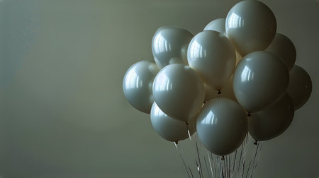 A cluster of white balloons with long strings is displayed against a soothing teal backdrop, creating a serene and festive atmosphere perfect for celebrations.の素材