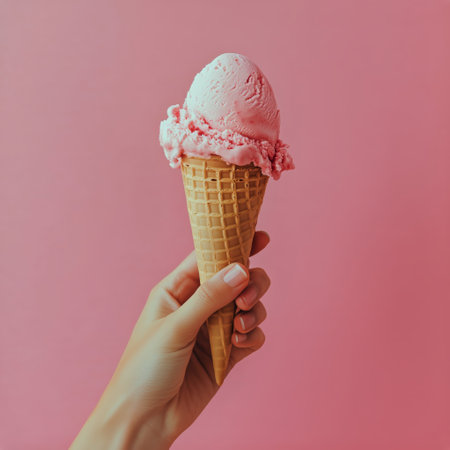 A hand is holding a tall ice cream cone topped with swirls of soft serve against a bright pink backdrop. The image captures a fun and playful moment of enjoying dessert.の素材