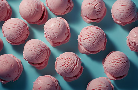 Delicate scoops of pink ice cream are perfectly arranged on a soothing light blue surface, creating an inviting dessert display ideal for summer gatherings or celebrations.の素材
