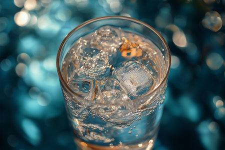 Clear glass filled with water and ice cubes sits on a smooth surface, illuminated by soft lighting that creates a calming atmosphere.の素材