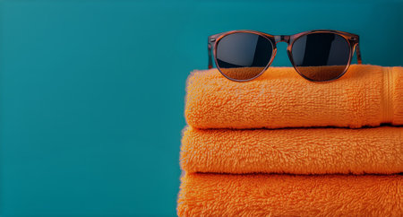 Two bright orange towels are neatly stacked, with a pair of stylish orange sunglasses resting on top, set against a calming turquoise background, evoking a playful, sunny atmosphere.の素材