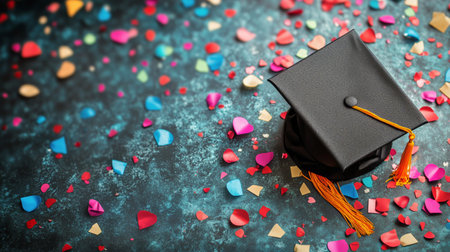 A graduation cap is positioned atop a vibrant array of colorful confetti, showingcasing shades of red, blue, and pink, perfect for a festive graduation celebration.の素材