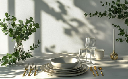 Beautifully arranged dining table featuring simple dishware, glassware, and greenery. Soft shadows enhance the serene and inviting atmosphere of the space.の素材