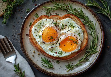 Two perfectly cooked fried eggs sit on slices of crispy toast, garnished with fresh rosemary and a sprinkle of black pepper, creating a mouthwatering breakfast dish.の素材