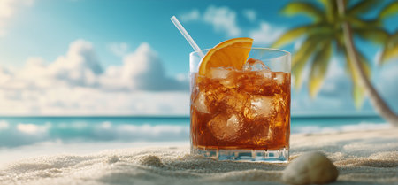 A tropical drink sits on a sandy beach, surrounded by ice cubes and garnished with an orange slice. Waves gently roll in nearby under a vibrant blue sky filled with clouds.の素材