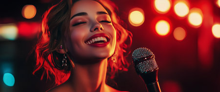 A cheerful performer sings passionately into a microphone under dim lighting, surrounded by colorful lights in a lively atmosphere, thrilling the audience with her presence and energy.の素材