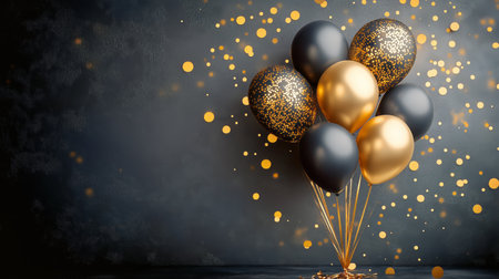 Black and gold balloons create an elegant display against a dark backdrop, adorned with golden confetti for a festive atmosphere suitable for celebrations and special events.の素材