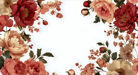 A stunning display of peonies and roses in shades of pink and red graces a light background.の素材