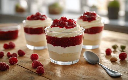 Three elegant dessert cups filled with creamy layers of vanilla and raspberry, topped with fresh raspberry sauce and placed on a rustic wooden table.の素材