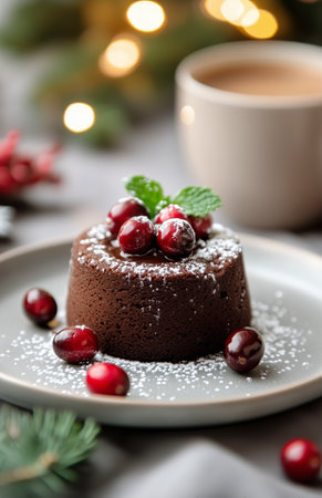 A rich chocolate dessert is presented on a plate, adorned with fresh berries and mint leaves. Soft lighting from nearby decorations creates a warm, inviting atmosphere.の素材