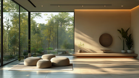 Soft sunlight filters through large windows, showcasing a stylish minimalist room with a cozy seating area, decorative plants, and natural textures, creating a peaceful atmosphere.の素材