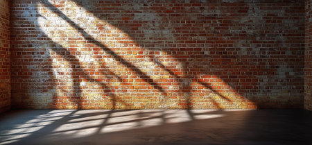 Sunlight filters through windows, casting intricate shadows on a weathered brick wall in an industrial area during late afternoon hours.の素材