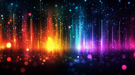 Colorful patterns and light beams create a dynamic visual effect set against a dark background, resembling sound waves and stars in the nighttime sky.の素材