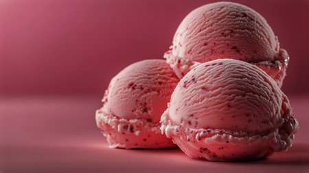 Three scoops of strawberry ice cream sit invitingly on a smooth pink surface, creating a vibrant and indulgent dessert display with soft lighting enhancing their texture.の素材