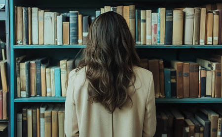 A person stands with their back to the camera, observing books on shelves in a library. The atmosphere is calm and inviting, perfect for exploration and reflection.の素材