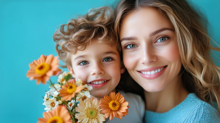 A woman holds a bouquet of colorful flowers while standing next to a smiling child. They display bright expressions in front of a soft pink backdrop, creating a cheerful mood.の素材