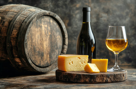 A bottle of wine and a glass filled with golden liquid sit beside various types of cheese on a round wooden board, with a rustic barrel providing a warm backdrop.の素材