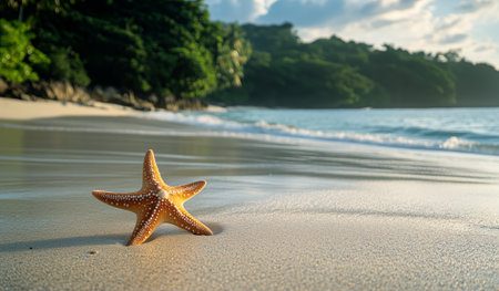 A vibrant starfish lies on smooth sand, its orange hues contrasting with the shoreline. Gentle waves lap nearby as the sun sets behind lush greenery.の素材