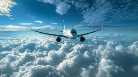A large airplane soars through the sky above thick clouds, illuminated by vibrant hues of orange and purple during sunset, creating a breathtaking view of the horizon.の素材