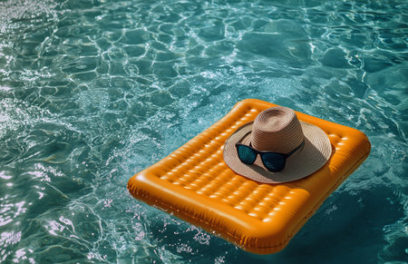 A wide-brimmed straw hat and sunglasses rest on an orange float in crystal-clear water, embodying relaxation and summer vibes during a bright, sunny day.の素材