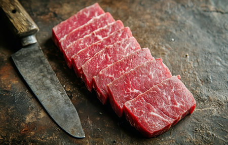 Juicy slices of marbled beef laid neatly arranged on a rustic wooden surface, showing their texture and quality. A sharp knife rests beside the meat, enhancing the kitchen atmosphere.の素材