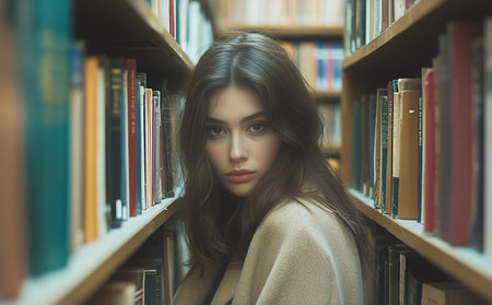 A person stands with their back to the camera, observing books on shelves in a library. The atmosphere is calm and inviting, perfect for exploration and reflection.の素材