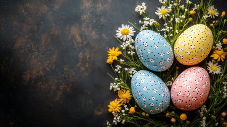 Five beautifully painted eggs in pastel colors are arranged among vibrant flowers on a rustic wooden table, capturing the essence of a joyful spring celebration.の素材