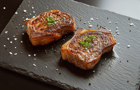 Two perfectly grilled steaks are seasoned with salt and pepper. They are plated on a dark slate board, showing the grill marks and caramelized surface.の素材
