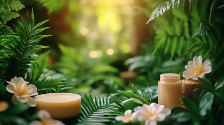 Soft light filters through lush green leaves, illuminating natural skincare products placed on a bed of ferns and flowers. A calming atmosphere evokes relaxation and wellness.の素材