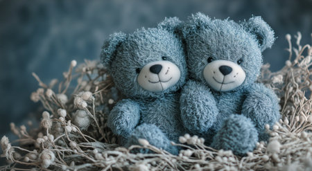 Two adorable teddy bears, one white and one blue, are placed closely together against a soft, textured background. Their friendly expressions evoke warmth and comfort.の素材
