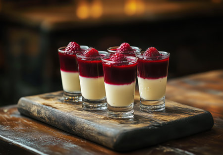 Layers of creamy panna cotta and vibrant raspberry sauce are presented in shot glasses on a rustic wooden board, creating an enticing dessert display at an elegant gathering.の素材