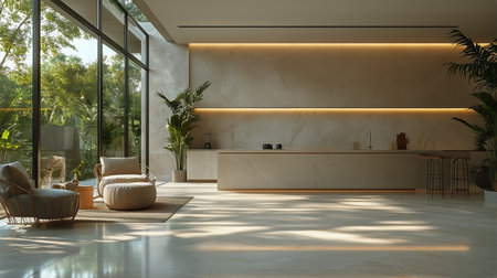 Bright and spacious kitchen features warm lighting, modern cabinetry, and large windows that bring natural light and outdoor views into the space, enhancing the relaxing atmosphere.の素材
