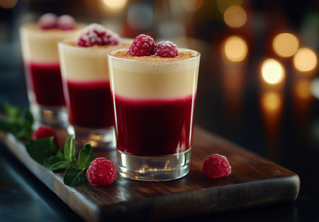 Layers of creamy panna cotta and vibrant raspberry sauce are presented in shot glasses on a rustic wooden board, creating an enticing dessert display at an elegant gathering.の素材