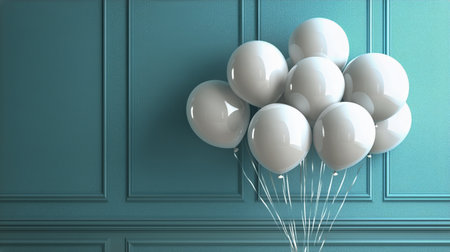 A cluster of white balloons with long strings is displayed against a soothing teal backdrop, creating a serene and festive atmosphere perfect for celebrations.の素材