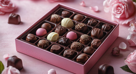 A decorative box filled with various chocolate truffles sits on a soft pink surface, surrounded by delicate pink roses and scattered petals, creating a romantic atmosphere.の素材