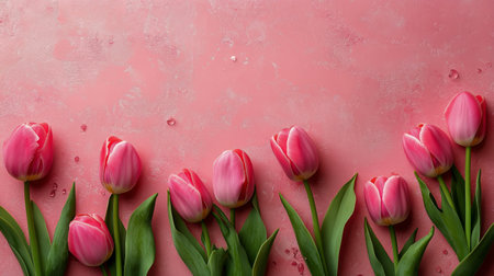 A vibrant bouquet of pink tulips arranged in a gift box rests on a soft pink background. Delicate petals surround the box, creating a charming and festive atmosphere.の素材