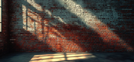 Sunlight filters through windows, casting intricate shadows on a weathered brick wall in an industrial area during late afternoon hours.の素材