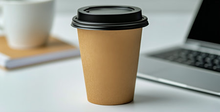 A cardboard cup, filled with a warm beverage, sits on a clean workspace alongside a laptop and a notepad, creating a cozy atmosphere perfect for focused work.の素材