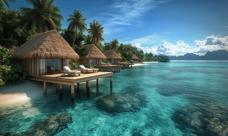 Idyllic overwater bungalows stand on stilts above a clear turquoise lagoon, surrounded by lush palm trees and distant mountains under a bright blue sky.の素材