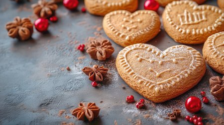 Warm heart-shaped cookies are adorned with white snowflake patterns on a dark textured surface, evoking a cozy winter atmosphere perfect for festive occasions.の素材