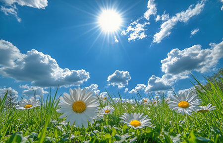 Daisies bloom in a green field on a bright sunny day. The sun shines above, illuminating fluffy clouds and creating a picturesque natural setting perfect for relaxation.の素材