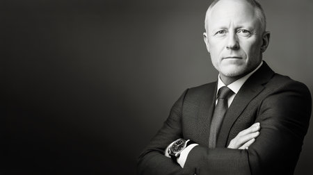 A distinguished businessman stands confidently with his arms crossed, dressed in a formal suit and tie.の素材