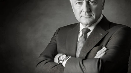 A distinguished businessman stands confidently with his arms crossed, dressed in a formal suit and tie.の素材