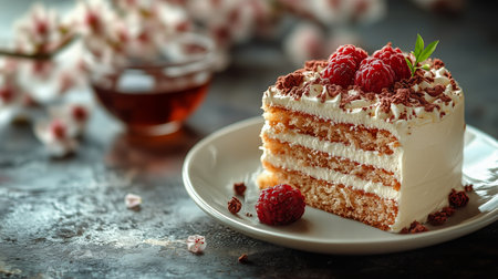 A slice of layered cake topped with whipped cream, raspberries, and chocolate shavings is placed on a plate. A cup of tea sits nearby amidst a floral background.の素材