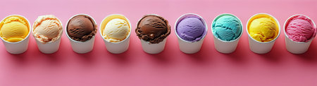 Different flavors of ice cream are served in white cups, set on a bright pink surface. The colorful cups showcase a variety of textures and vibrant hues, perfect for summer enjoyment.の素材