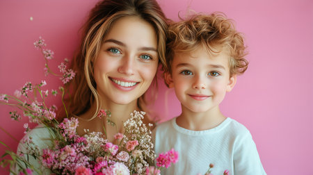 A woman holds a bouquet of colorful flowers while standing next to a smiling child. They display bright expressions in front of a soft pink backdrop, creating a cheerful mood.の素材